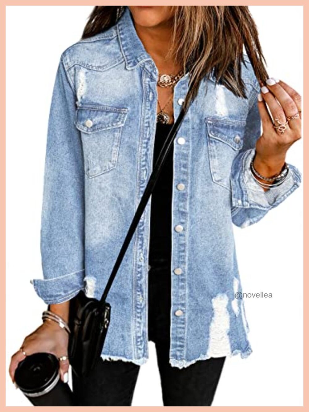 Womens Oversized Boyfriend Denim Jacket Distressed Button Down Long Sleeve